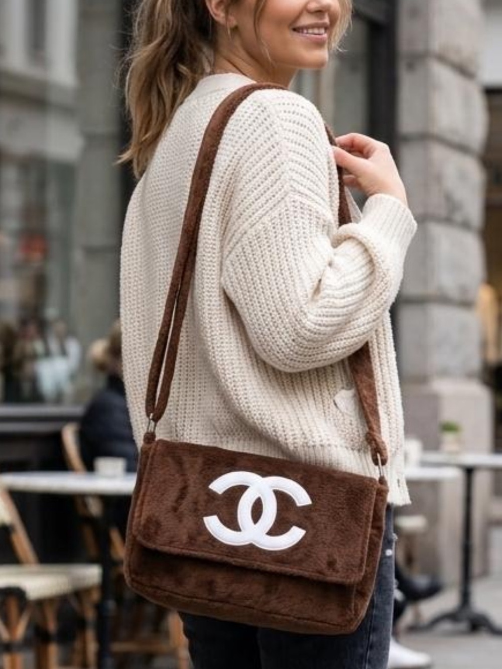 CHANEL Brown Faux Fur Shoulder Bag with White Logo Accent VIP GWP